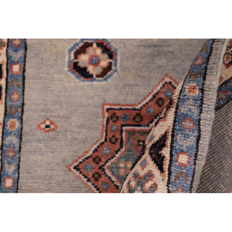 Tapis de couloir Tribal Kazak Adrianna en laine bleu clair / ivoire - 2 pi 3 po x 5 pi 9 po