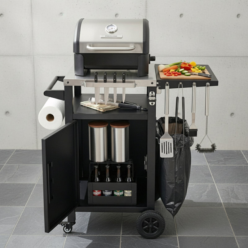 Îlot de cuisine extérieur à roulettes en acier inoxydable avec abattant et armoire de rangement