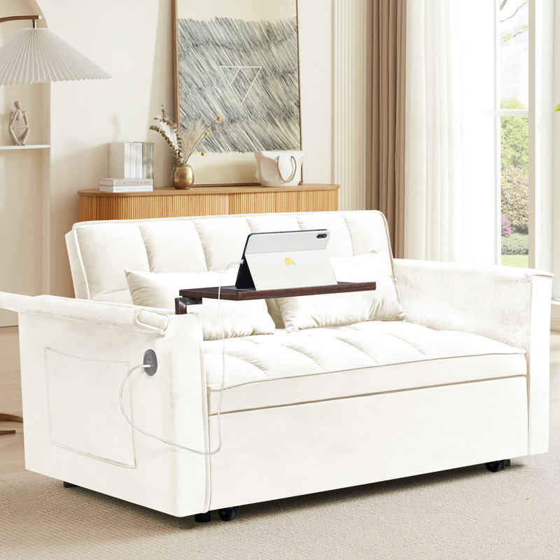 Lit moderne en velours pliable, 31 avec table d'appoint réglable, sac de rangement, coussin, beige pour le dos de la maison, le salon et la chambre à coucher