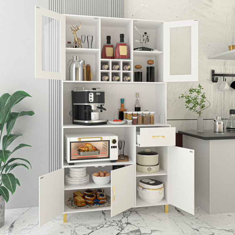 Modern Freestanding Pantry Cabinet with Tempered Glass Doors