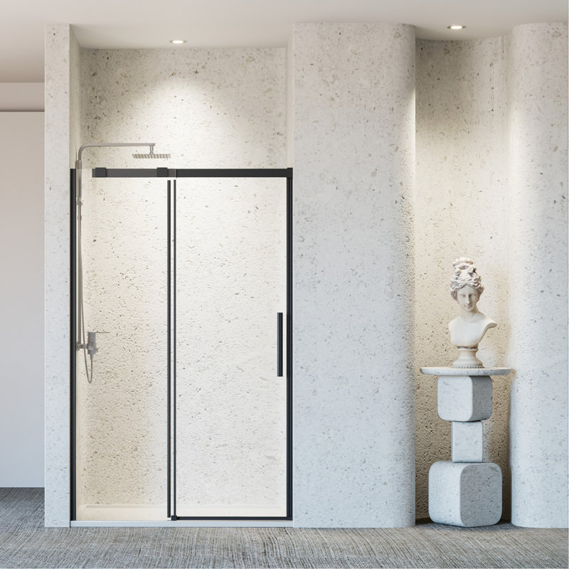 Porte de douche coulissante simple sans cadre l 46 à 48 po x H 76 po, porte de douche coulissante pour salle de bain, porte en verre trempé épais de 5/16 po (8 mm), noir mat