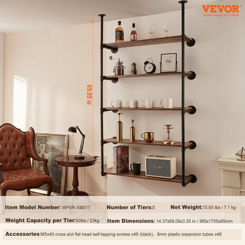 5 Piece Square Steel Floating Shelf, 175.5cm H x 36.5cm W x 8.5cm D