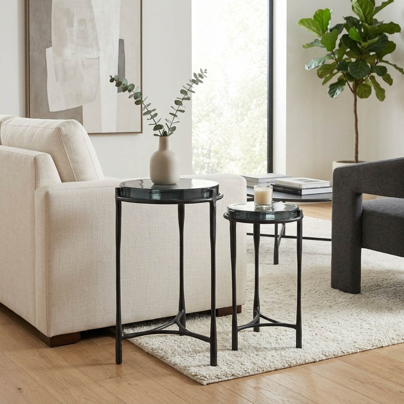 Everly Quinn 2-Pieces Adonia Gunmetal Recycled Glass Accent Table, Silver