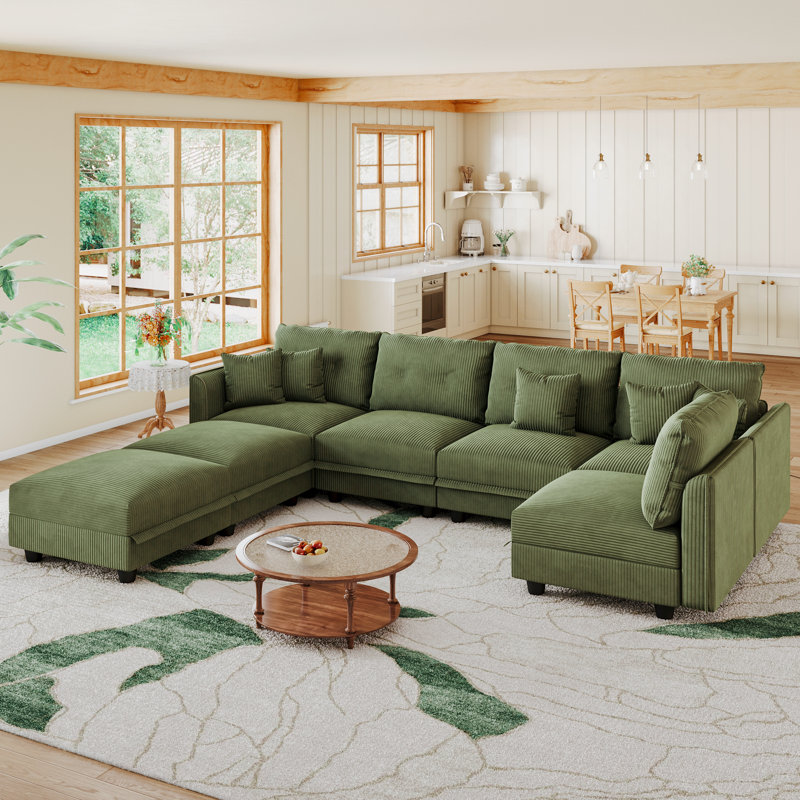 7 Seat Corduroy Convertible Modular Sectional Sofa With Storage, 5 Back Cushion 5 Throw Pillow, Green Corduroy