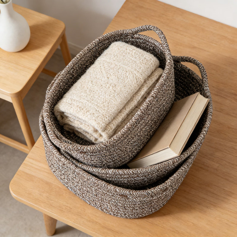 Ensemble de panier de rangement en corde de coton avec poignées, 5 paniers de rangement décoratifs pour la salle de bain, le placard, la tablette et l'organisation à la maison