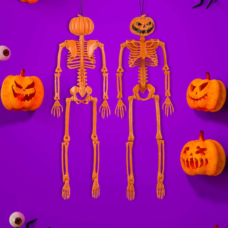 Ensemble de 2 décorations d'Halloween squelette tête de citrouille posable