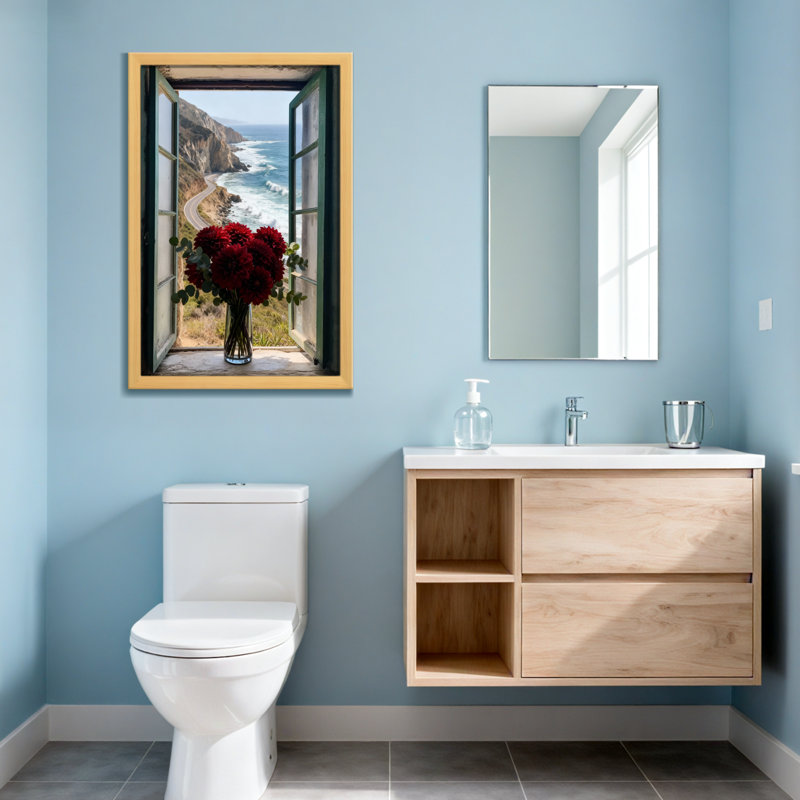 Paysage, nature, fenêtre, paysage marin, fleurs rouges, vue côtière, H 30 po x l 20 po, Toile tendue, Ne s’applique pas