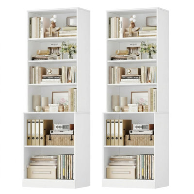 2-piece Tall Bookcase Set With Extra Desktop, Adjustable Shelves, And Enclosed Storage, Multi-functional Storage Bookshelf In White/black