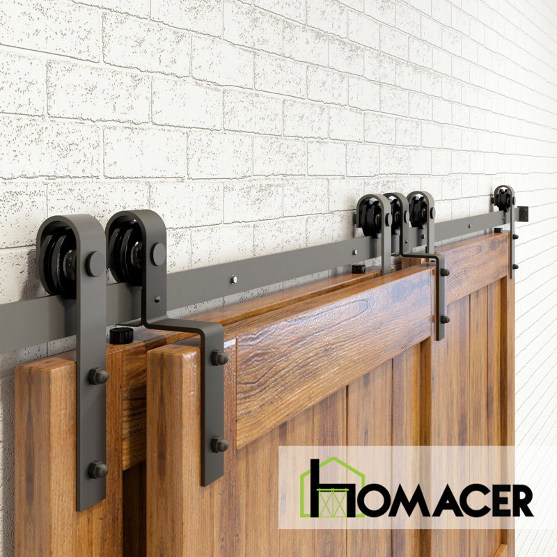 Homacer Black Rustic Single Track Bypass Sliding Barn Door Hardware Kit, For Three Doors, 9Ft Long Flat Track, Classic Design Roller,  (2 Flat+ 1 Bent Roller Set)