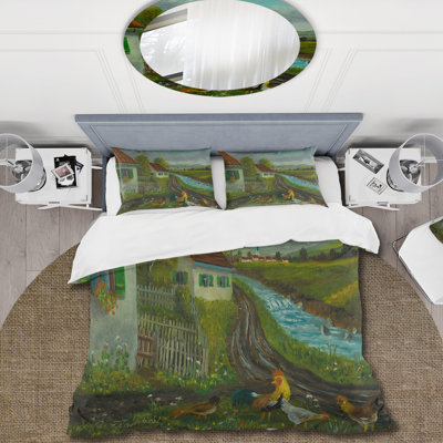 Three Chickens & A Cock In A Meadow With Flowers - Ensemble de housse de couette Farmhouse - Microfibre de polyester