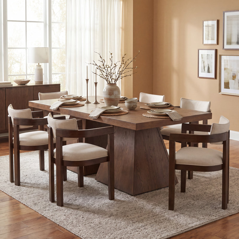 Lyddia 6-Person Contemporary Dining Set with Upholstered Rubberwood Armchair & Geometric Ash Veneer Table for Dining Room