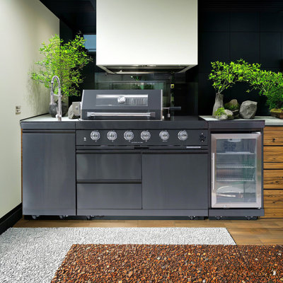 Îlot de barbecue 46 pouces à 4 brûleurs de 72 000 BTU de luxe avec cuisinière à gaz en acier inoxydable pour barbecue et réfrigérateur à vin compact + ensemble de rôtisserie + comptoirs en granite + évier en acier inoxydable