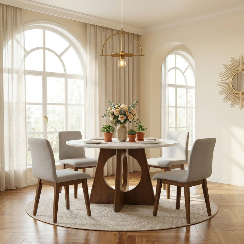 Ensemble de salle à manger moderne en marbre véritable avec table ronde de 52 po et 4 chaises rembourrées