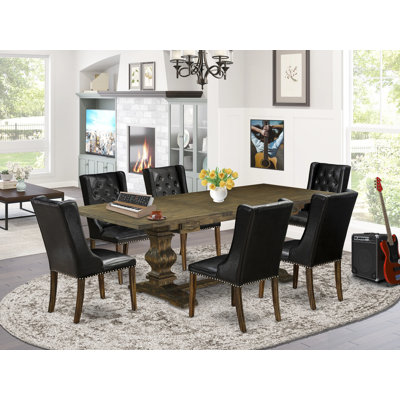 7 Piece Dinette Set Consist of a Rectangle Dining Table with Removable Leaf and 6 Black Faux Leather Parson Dining Room Chairs, Distressed Jacobean