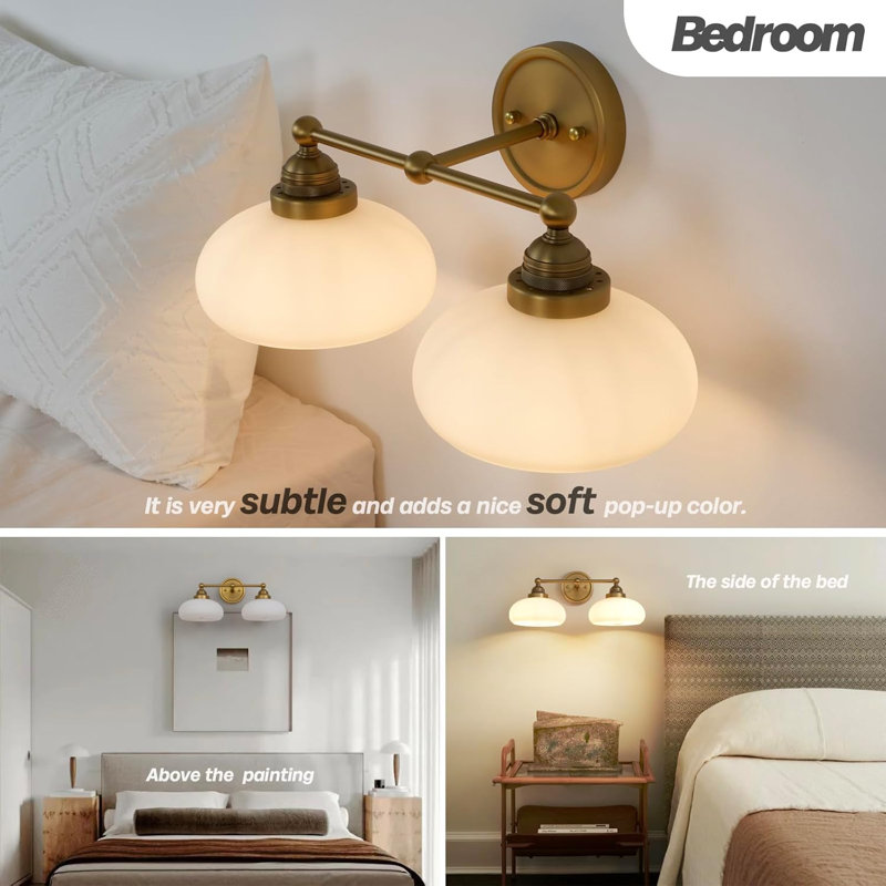 Vintage 2-Light Wall Sconce With Milk White Glass Shade, Double Arm Wall Lamp For Living Room, Dining Room, Bedroom, Hallway, Antique Style