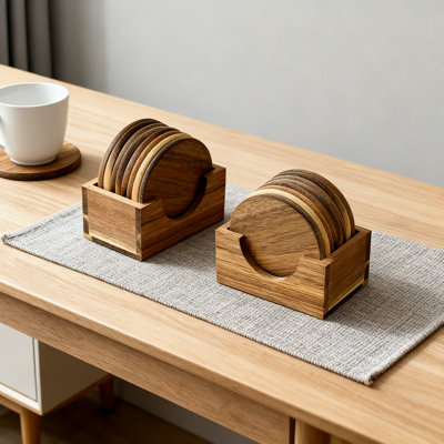 Ensemble de sous-verres en bois d'acacia avec support, 8 sous-verres ronds pour la protection des tasses chaudes, du café et du thé