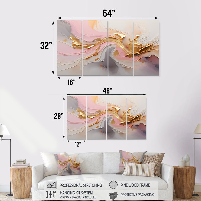 Tourbillon tourbillonnant d'or glamour - art mural abstrait 4 pièces, H 28 po x l 48 po