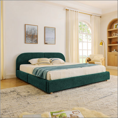 Structure de lit tapissier très grand avec un style minimaliste moderne, un tissu en fil de cercle, une haute tête de lit courbée et un tiroir de rangement à roulettes
