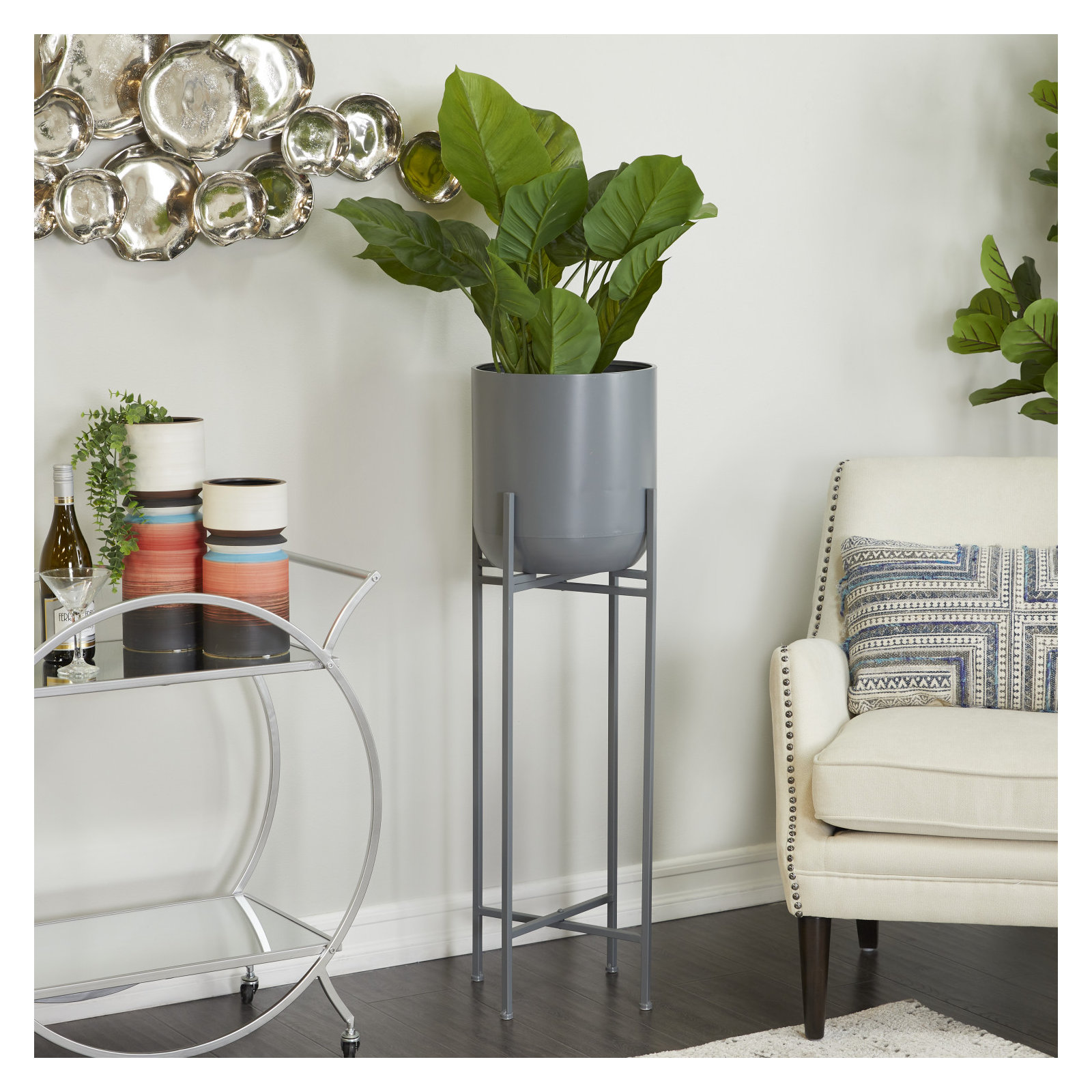 Metal Pot Planter, Gray, 41.5" H x 13" W x 13" D