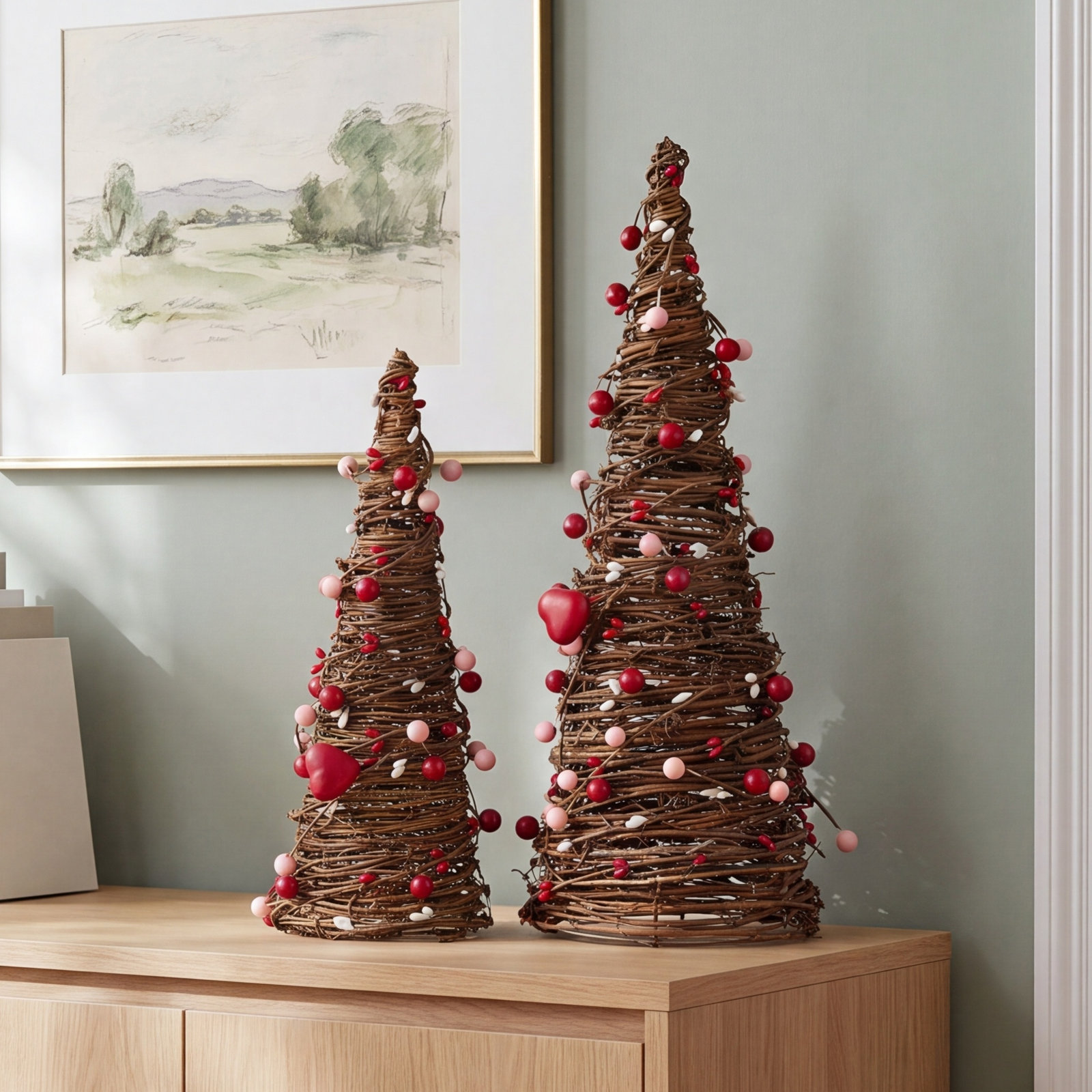 2-Piece Rattan Heart Tabletop Tree Set