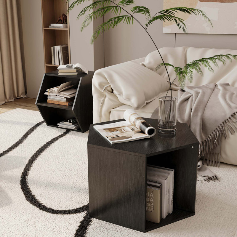 Hexagonal Coffee Table Side Table Nightstand, 1PC/Set Of 2, 8.27" H x 26.77" L x 23.62" W, Black/Brown