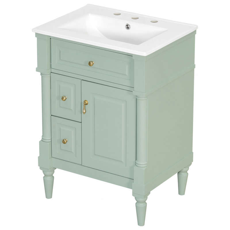 Meuble-lavabo de 24 po avec lavabo, armoire de salle de bain autoportante verte avec tiroir rabattable, tablette réglable, structure en bois d'hévéa massif, panneaux de fibres à densité moyenne et poignées en métal