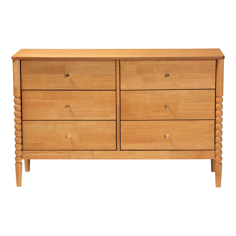 Lucera Mid-Century Bobbin Wood 6-Drawer Dresser, Oak Brown