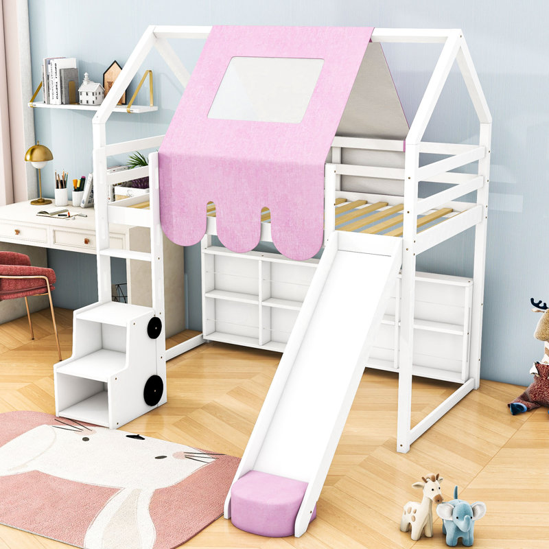 Cadre de lit mezzanine en bois Aryo avec tente, Simple, Blanc / rose