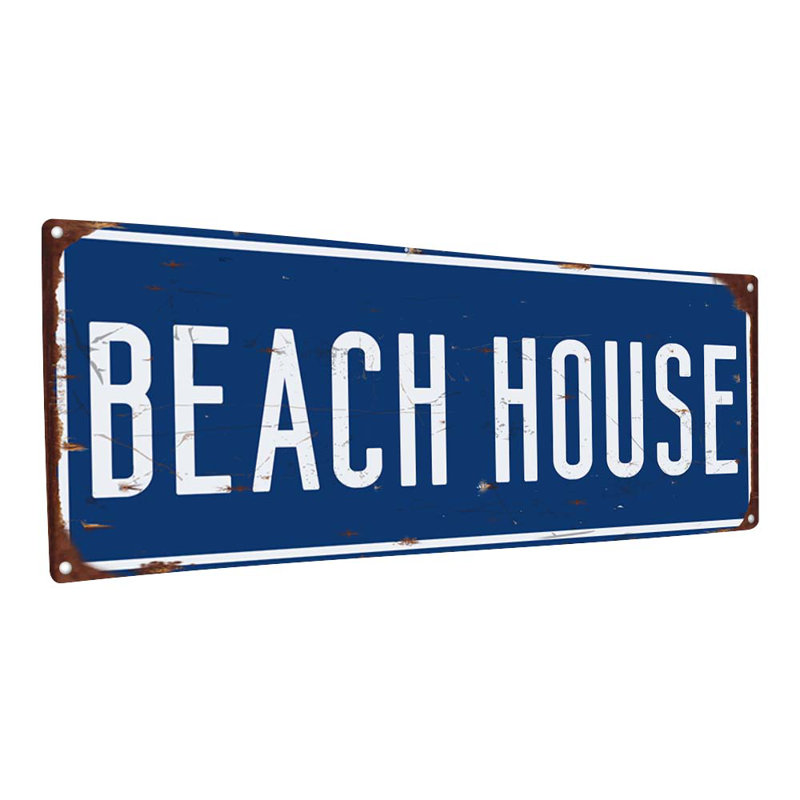 «Blue Beach House Metal Sign» sur métal, H 11,5 po x l 31 po