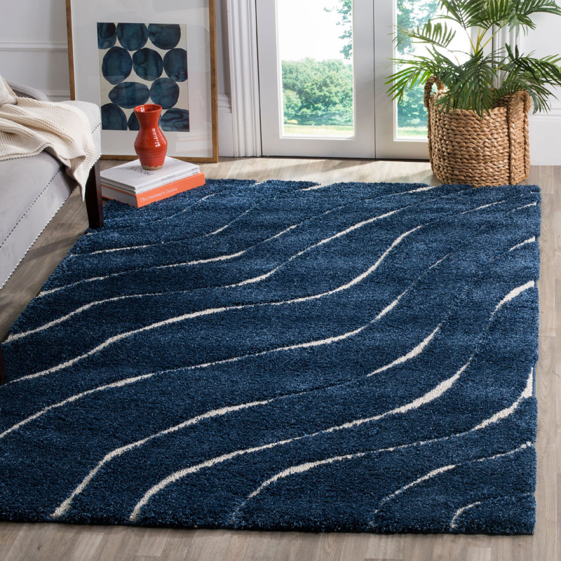 Tapis crème à motif abstrait Ashal, Navy/Cream, Rectangle 8 pi x 10 pi