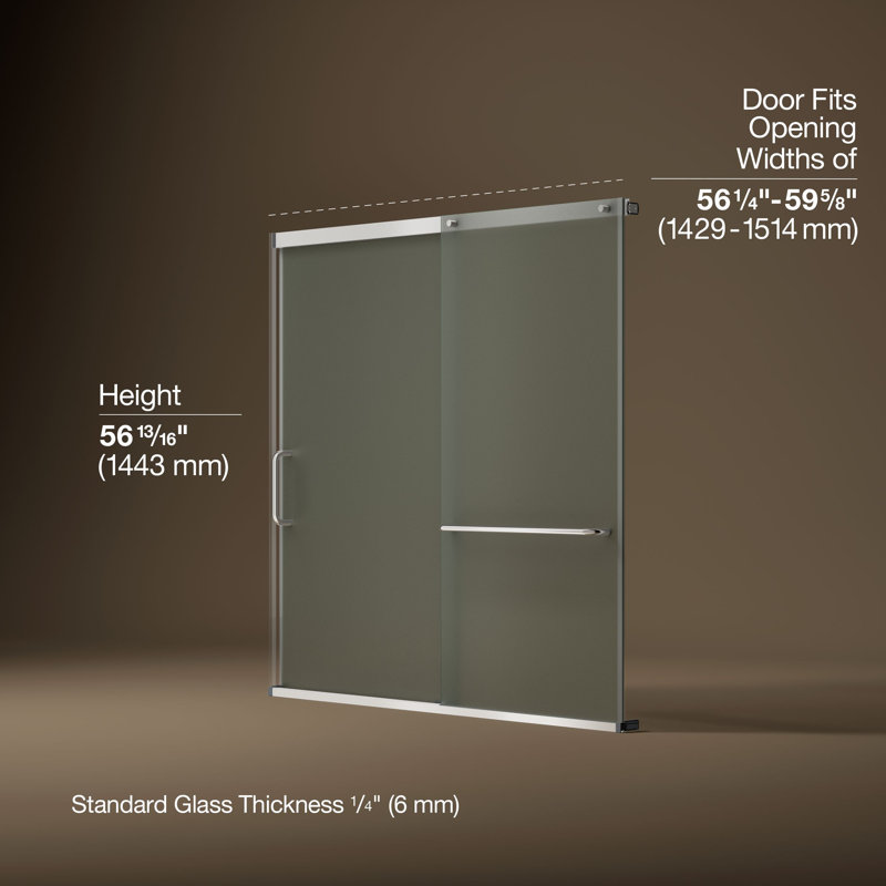 Elate Sliding Bath Door, 56-3/4-In H X 56-1/4 - 59-5/8-In W, With 1/4-In Thick Crystal Clear Glass, Silver/Frosted