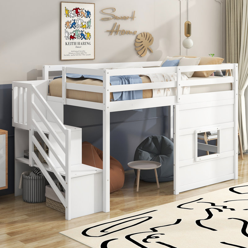  Lit mezzanine simple avec escalier de rangement, panneau de fenêtre et espace ouvert, blanc, Blanc