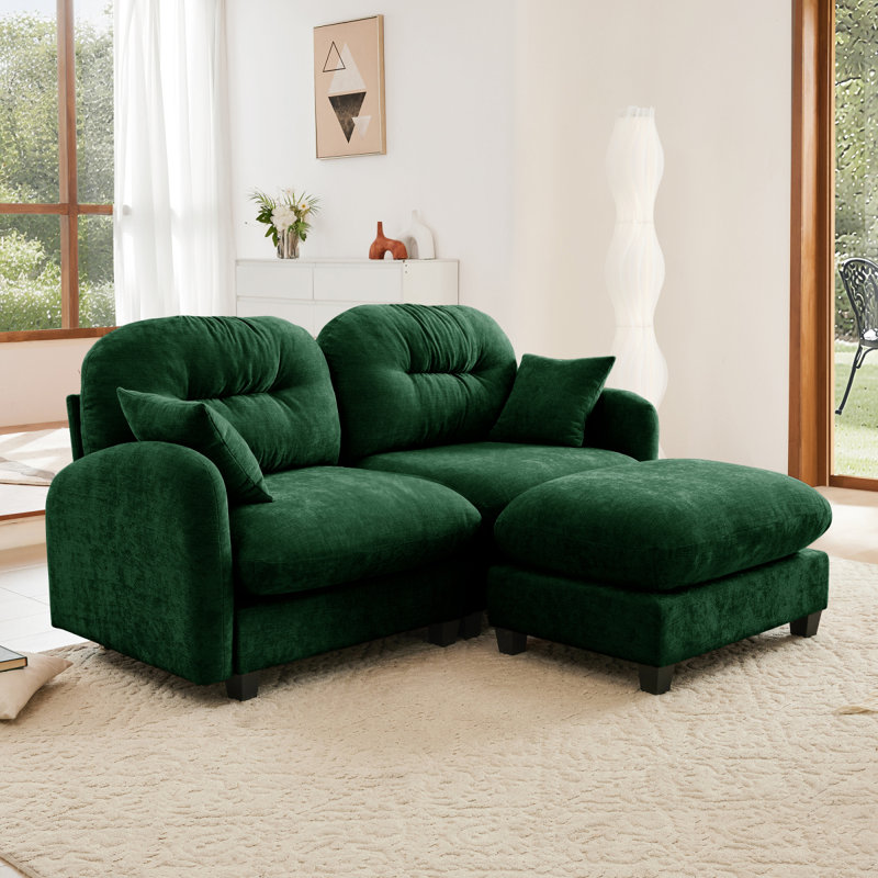 Canapé modulaire Elmsforde avec tissu chenille et dossier capitonné, Chenille verte, H 36,6 po x l 74 po x P 59,4 po