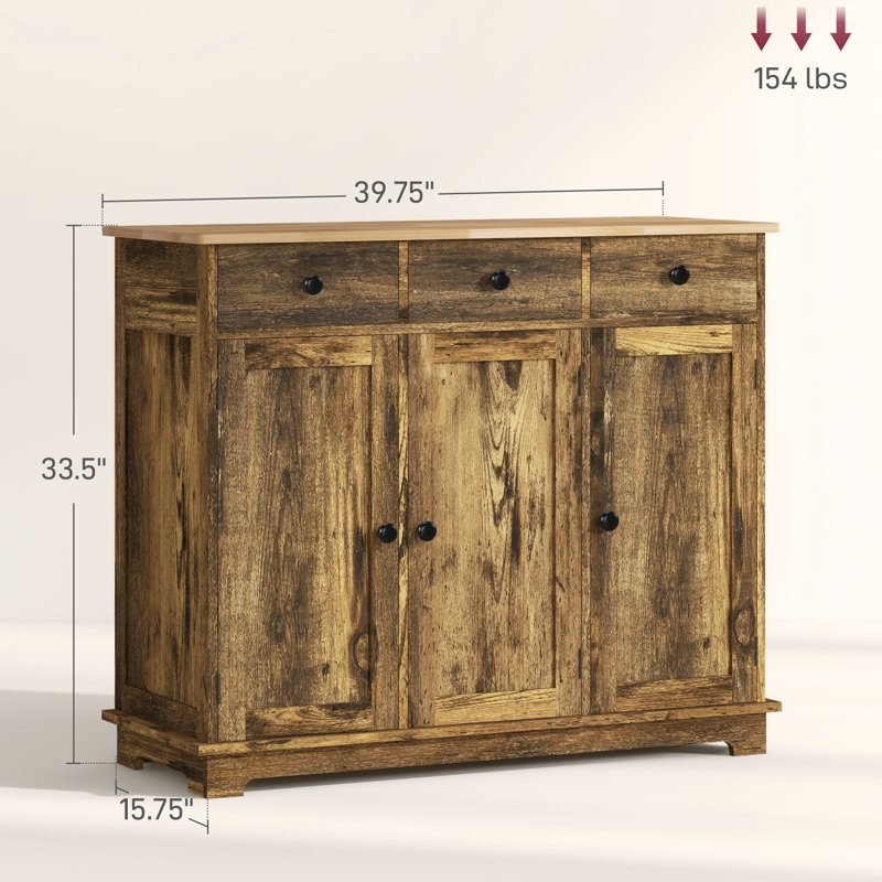 Buffet de cuisine 3 tiroirs - Rangement moderne brun rustique avec tablettes réglables pour et