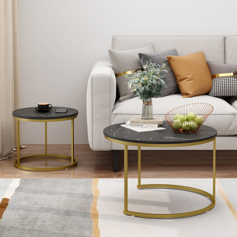 Ensemble de 2 tables basses gigognes 27,6 po, Noir / doré, Marble