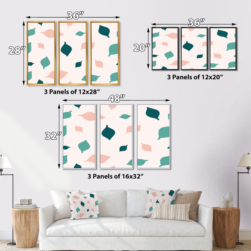 Abstrait vert clair et feuillage rose II - ensemble d'art moderne encadré sur toile Mid-Century, H 28 po x l 36 po x P 1 po