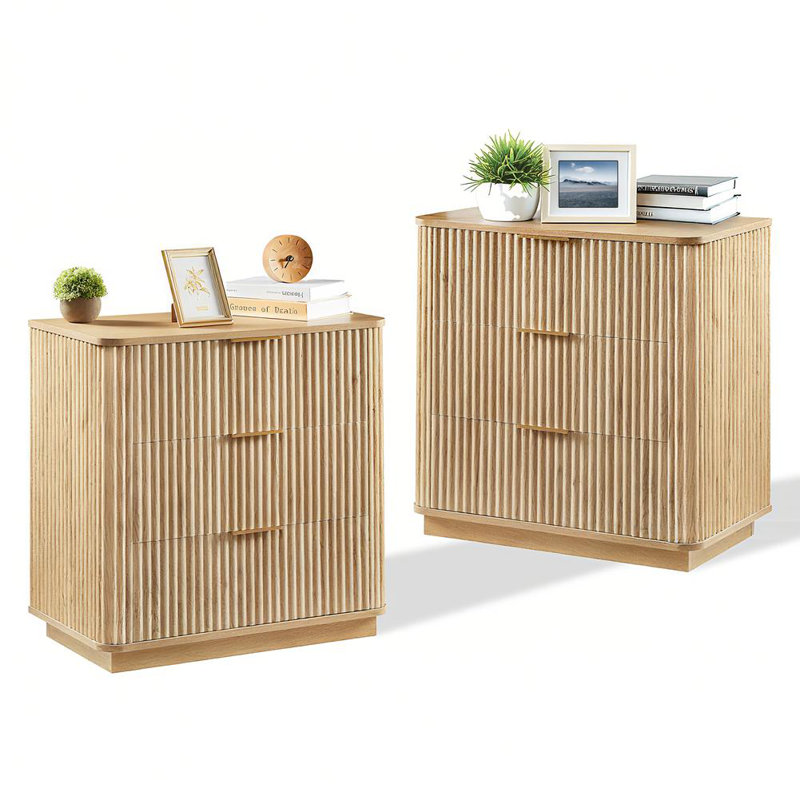 Ensemble de commode moderne 2 tiroirs 2 pièces, armoire de rangement en bois Wave Design pour chambre à coucher et salon, chêne, largeur 27,6 po