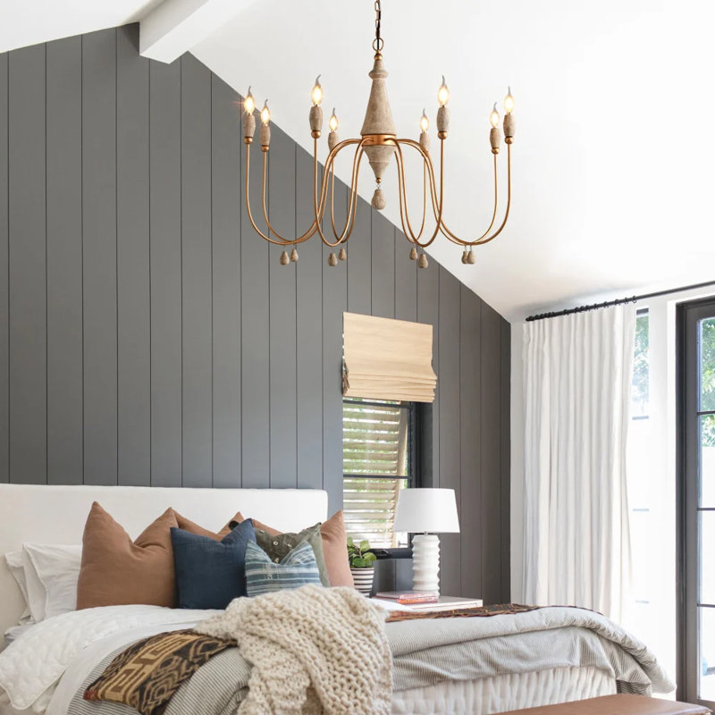 Mid Century Modern Farmhouse 8-Light Candle-Style Chandelier Pendant Light Gold Finish Wood Iron Beaded Accents Clay-Like Distressed Ivory Candles Sloped Ceiling Compatible Hardwired E12 Bulb