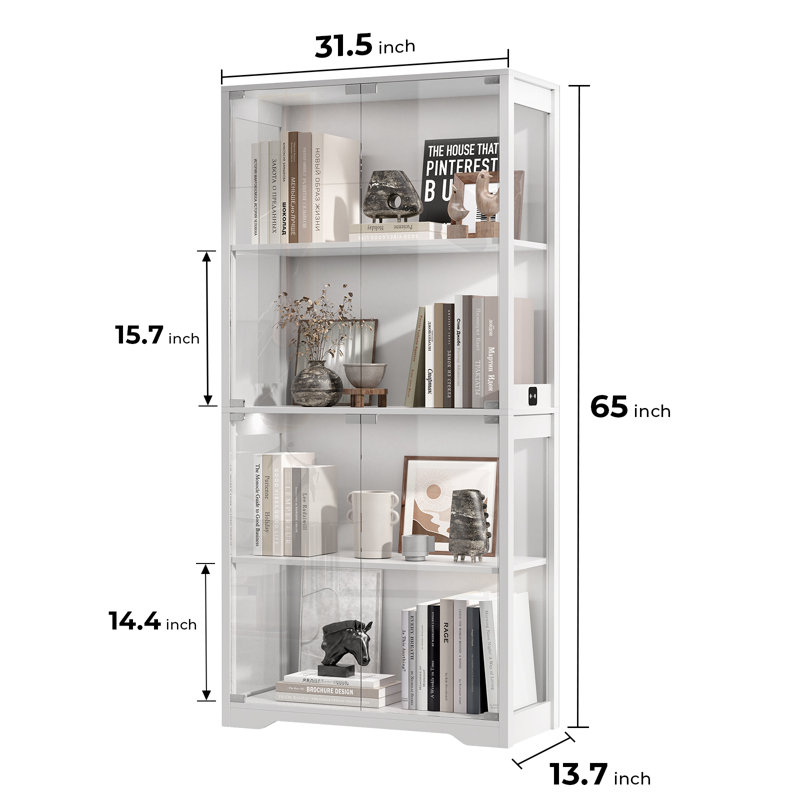  Display Cabinet with Glass Doors, 4-Tier Display Case, Curio Cabinet with 3 Colour Lights for Collectibles, Storage Cabinets with Human Body Sensor