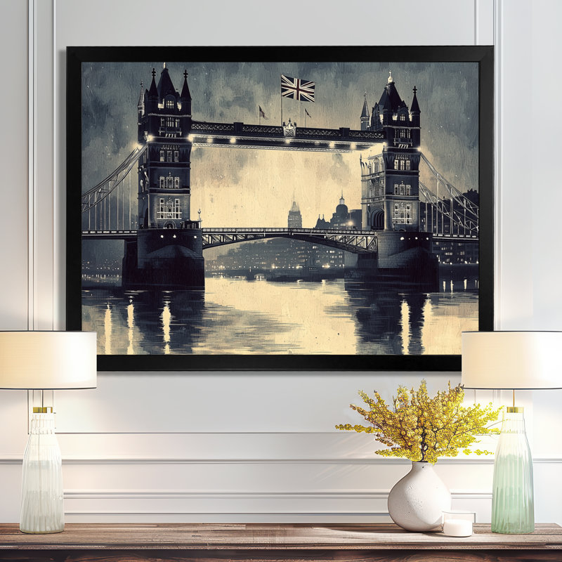 Art mural rétro de Tower Bridge à Londres, Royaume-Uni III, H 12 po x l 20 po, Avec cadre, Noir, noir, noir, noir