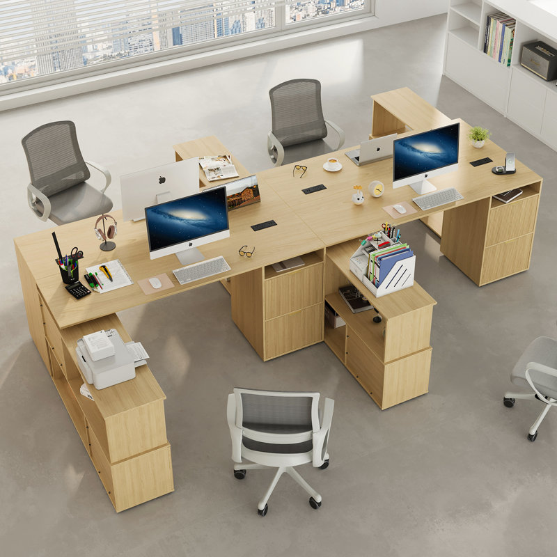 65" L Shaped Standing Desk, 180° Rotatable Corner Desk with Adjustable File Drawer and Power Outlets, Oak