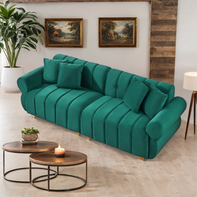 Yore 89" Velvet Upholstered Sofa with Channel Tufting & Throw Pillows