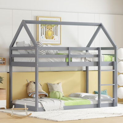 Ishmal Twin Over Twin House Bunk Bed with Headboards, Footboards, Guardrails & Ladder - Rubber Wood