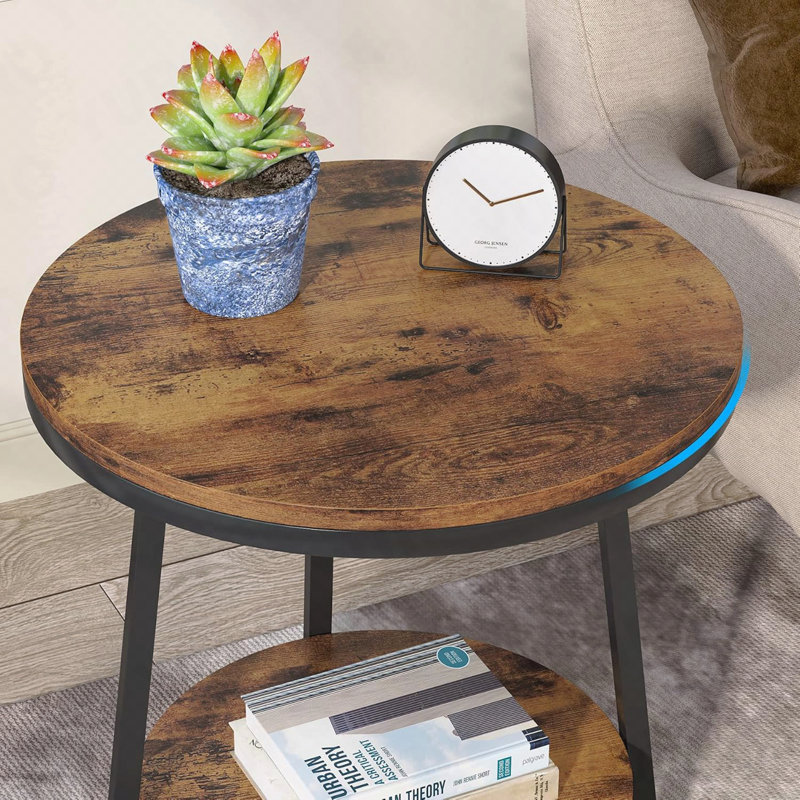 Table de bout industrielle 19,68 po avec tablette de rangement - table d'appoint ronde à 2 niveaux pour petits espaces, brun rustique - table de chevet robuste, table de chevet ou table basse pour le salon et la chambre à coucher