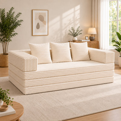 Canapé-lit convertible 78 po en velours côtelé 78 po beige avec matelas pliable avec accoudoirs et dossier amovibles pour le salon et la chambre à coucher
