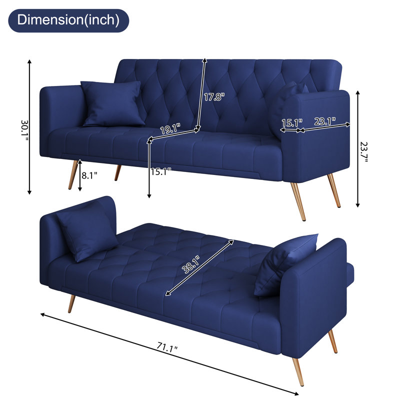Convertible Futon Sofa Bed Sleeper Couch Velvet Upholstered Folding Loveseat With 2 Pillows For Living Room Apartments