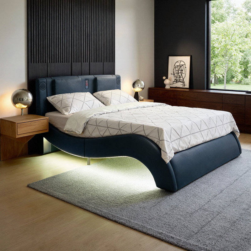 Modular King Size Upholstered Bed with LED Lights, Bluetooth Speakers & Massage Headboard - Adjustable Ambiance & Multi-Function Control