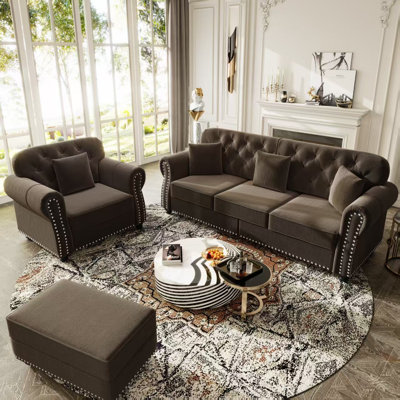 Mid-Century Chesterfield 3-Piece Upholstered Velvet Chair & 3-Seater Sofa Set With Ottoman