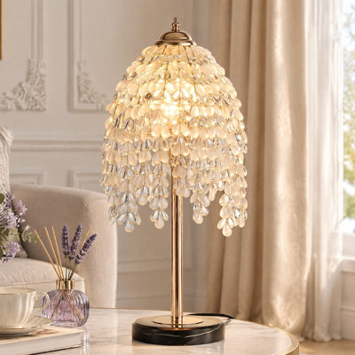19" Modern Crystal Grape Table Lamp, Bead String Shade Nightstand Light with Marble Textured Base