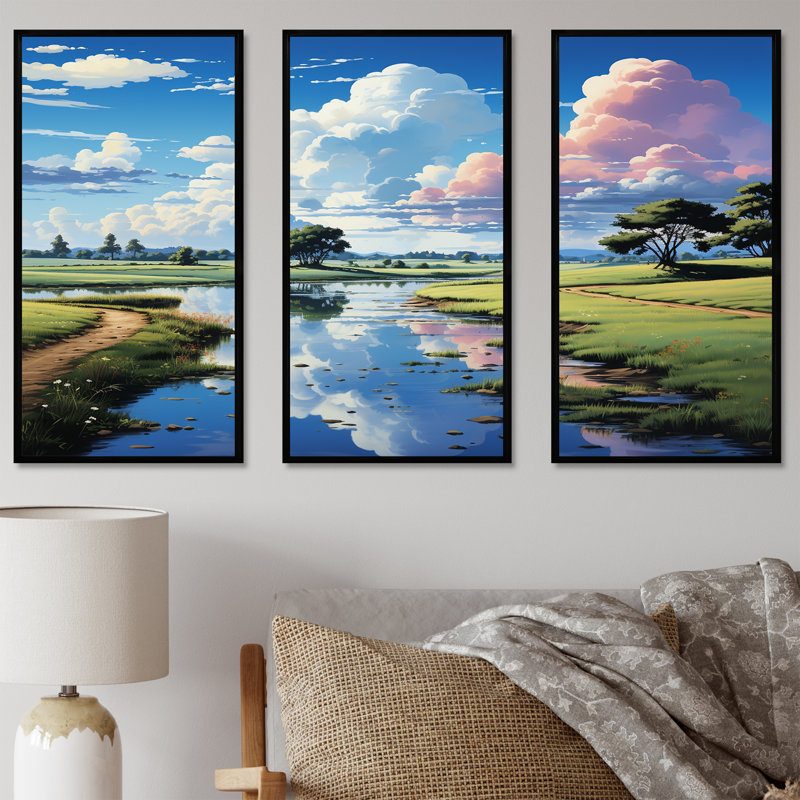 «Japanese Golf Course Landscape Harmony III - River Decor», ensemble d'art sur toile, Cadre flottant noir